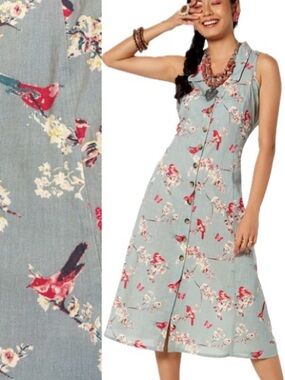 Bombay Paisley Floral Bird Print Shirtdress Size Small Linen Blend Midi Dress